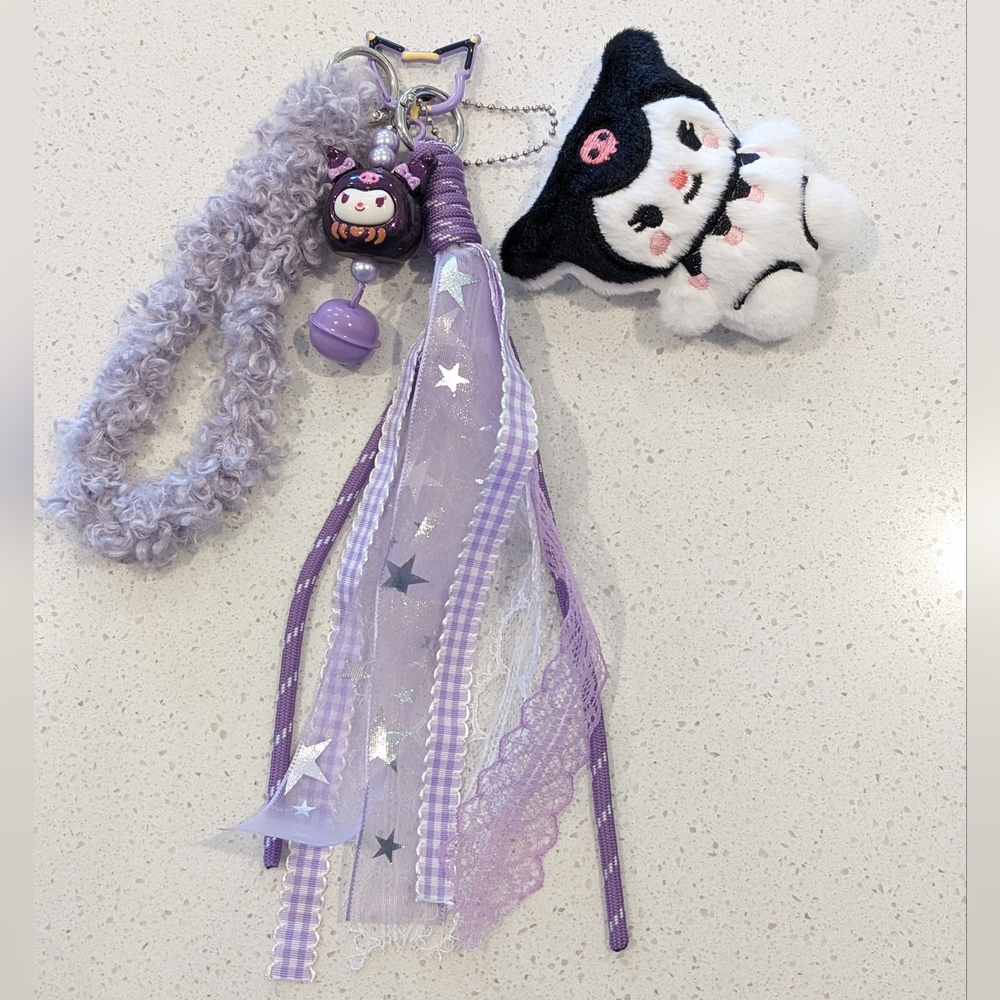 Handmade Kuromi Purple Bag Charm Keychain Plush & Charm Ribbon Tassel